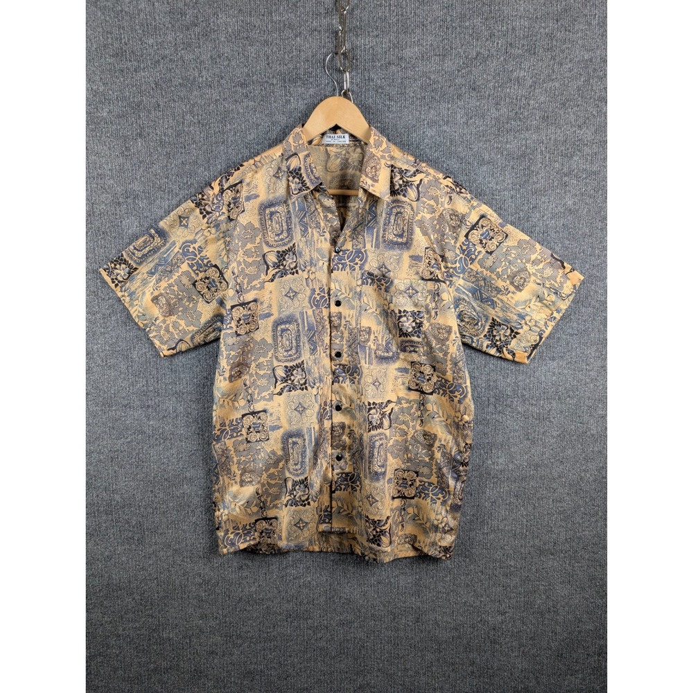 Thai Silk by Apple Mens M Short Sleeve Batik Print Button Down Shirt Gold Blue